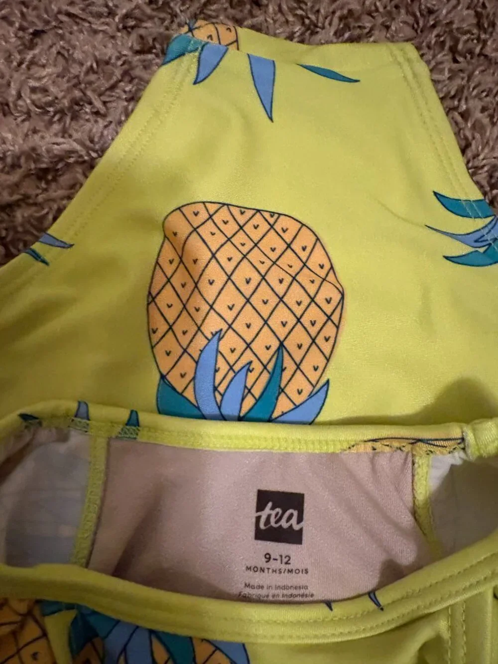 Tea Collection Pineapple Print Swimsuit 9-12 Months Yellow Ruffle Sleeves Fruit